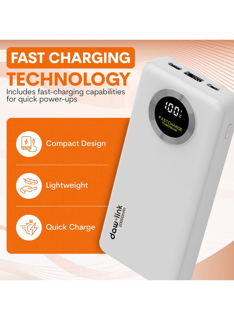 دولنك باور بانك داو-لينك 20000 مللي أمبير – شحن سريع 22.5 واط، كابلات USB-C وLightning مدمجة، منفذ A ومنفذ USB-C للإدخال والإخراج، شاشة عرض رقمية، يدعم PD وQC 3.0، لون أبيض، شاحن محمول نحيف لأجهزة الآيفون والأندرويد - Image 2