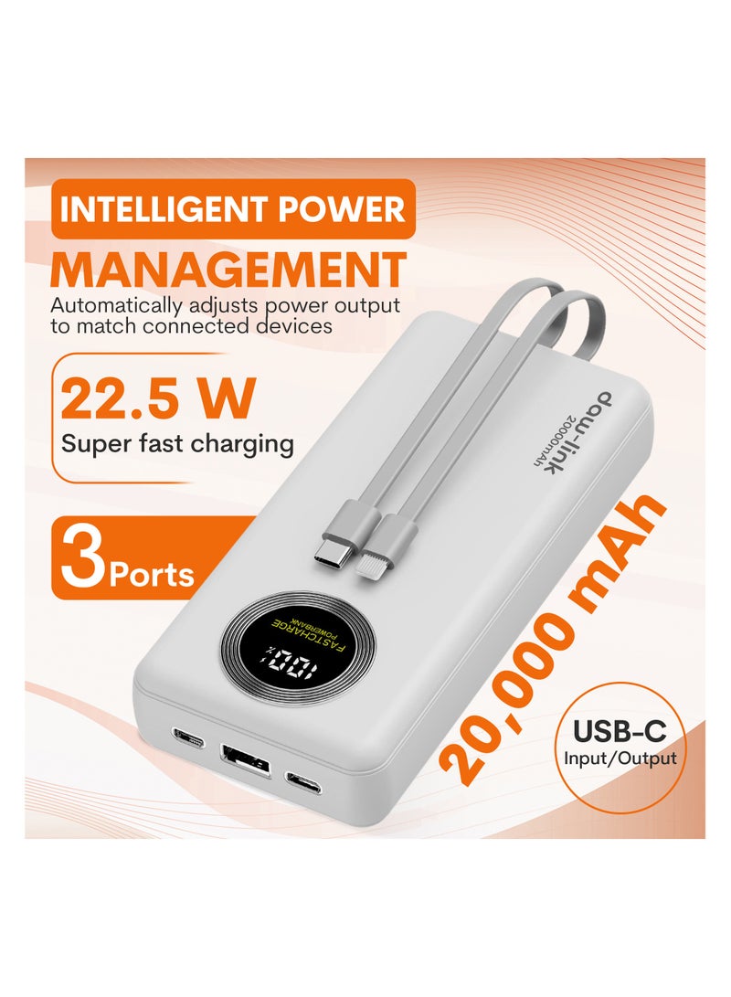 دولنك باور بانك داو-لينك 20000 مللي أمبير – شحن سريع 22.5 واط، كابلات USB-C وLightning مدمجة، منفذ A ومنفذ USB-C للإدخال والإخراج، شاشة عرض رقمية، يدعم PD وQC 3.0، لون أبيض، شاحن محمول نحيف لأجهزة الآيفون والأندرويد - Image 3
