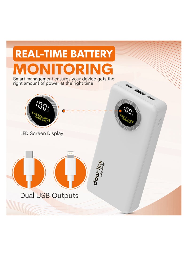 دولنك باور بانك داو-لينك 20000 مللي أمبير – شحن سريع 22.5 واط، كابلات USB-C وLightning مدمجة، منفذ A ومنفذ USB-C للإدخال والإخراج، شاشة عرض رقمية، يدعم PD وQC 3.0، لون أبيض، شاحن محمول نحيف لأجهزة الآيفون والأندرويد - Image 5