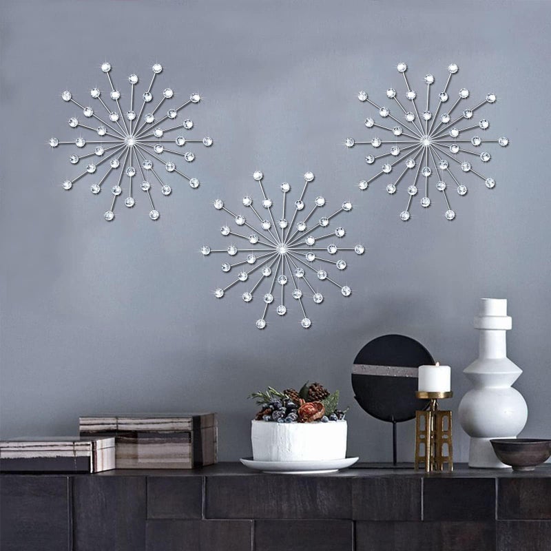 ZEXUIRU ZEXUIRU 3 Set Silver Metal Jeweled Wall Art Bling Crystal Home Dcor Sun Burst Rhinestone Wall Hanging Diamond Accents 