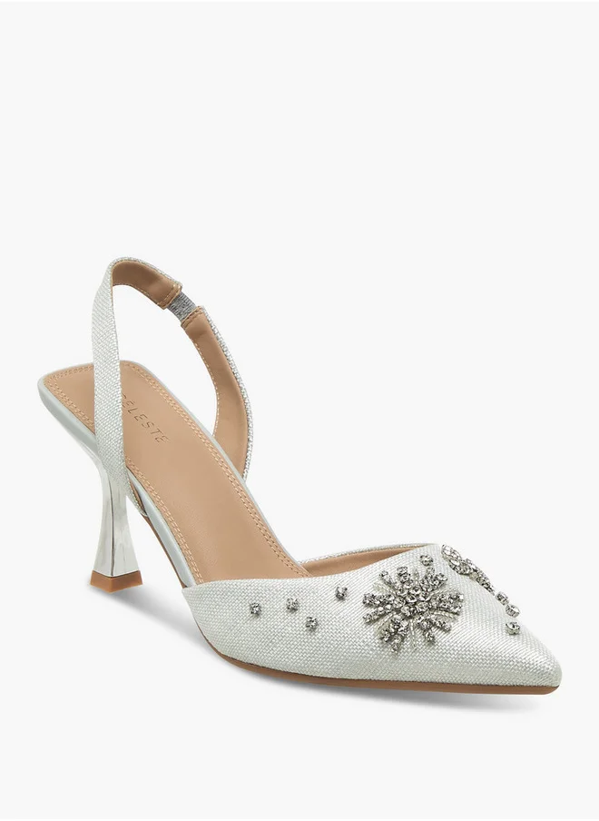 Celeste Women's Embellished Pointed Toe Slingback Shoes with Kitten Heels