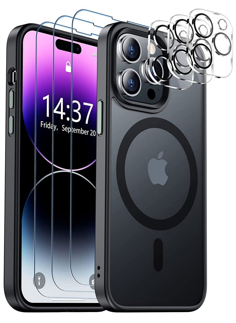 ELTRAZONE Magnetic Designed for iPhone 14 Pro Max Case, Translucent with Aluminum Alloy Button,3 Pack [Tempered Glass Screen Protector+Camera Lens Protector]Anti-Scratch for iPhone 14 Pro Max 6.7’’,Black - Image 1