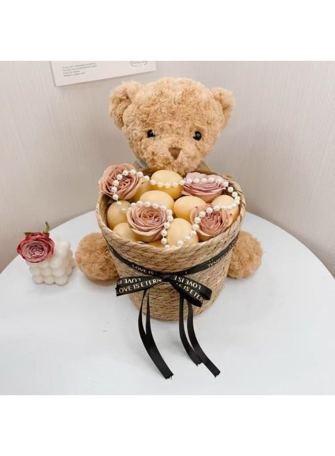 SKT Shiketro 30cm Teddy Bear  + Medium Hug Bucket (with Ribbon) DIY Handmade Birthday and Holiday Woven Flower Basket - Image 5