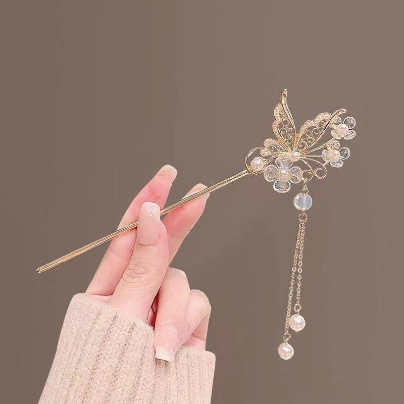 Generic Ancient Style Butterfly Love flower Pearl tassel hairpin Hanfu updo hair step shake hairpin temperament texture chopsticks headdress new Chinese style Butterfly Love flower Pearl tassel