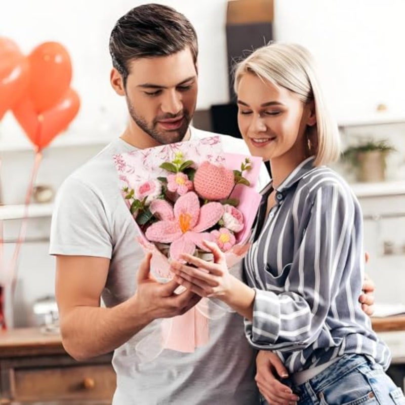 Handmade Crochet Flower Bouquet, Tulips Roses Daisies Eucalyptus Sprigs for Mother's Day Wedding Anniversary Teacher Gifts Home Décor, Milk Cotton Yarn, No Maintenance, Vibrant Forever Pink, 13.8x7.8in - Image 2