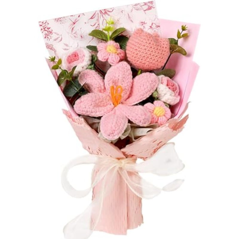 Handmade Crochet Flower Bouquet, Tulips Roses Daisies Eucalyptus Sprigs for Mother's Day Wedding Anniversary Teacher Gifts Home Décor, Milk Cotton Yarn, No Maintenance, Vibrant Forever Pink, 13.8x7.8in - Image 1