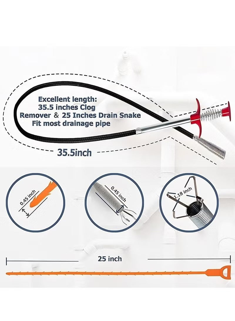 مجموعة أدوات تنظيف بالوعة مكونة من 7 قطع: أداة إزالة انسداد البالوعة بطول 35.5 بوصة، أداة تسليك البالوعة بطول 25 بوصة لإزالة الشعر، أداة تنظيف البالوعة مع مصيدة للشعر، مناسبة للمرحاض، حوض المطبخ، حوض الاستحمام، المجاري. - Image 2