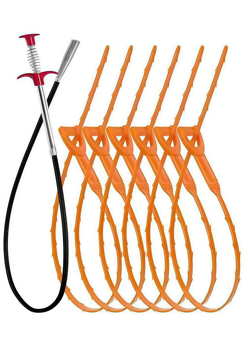 مجموعة أدوات تنظيف بالوعة مكونة من 7 قطع: أداة إزالة انسداد البالوعة بطول 35.5 بوصة، أداة تسليك البالوعة بطول 25 بوصة لإزالة الشعر، أداة تنظيف البالوعة مع مصيدة للشعر، مناسبة للمرحاض، حوض المطبخ، حوض الاستحمام، المجاري. - Image 1