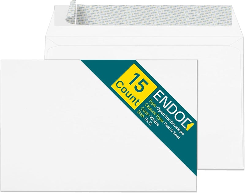 EnDoc 9x12 Booklet Envelopes - 15 pack - Mailing Envelopes Self Seal with Peel & Seal Closure - Open-Side 9 x 12, Blank Plain White 28 lb Paper, for Home and Business - Image 1