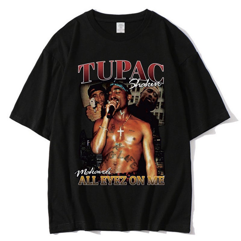 European and American style flat shoulder sleeve cotton printed T-shirt 2pac West Coast men's and women's short sleeve all eyez on me - Image 3