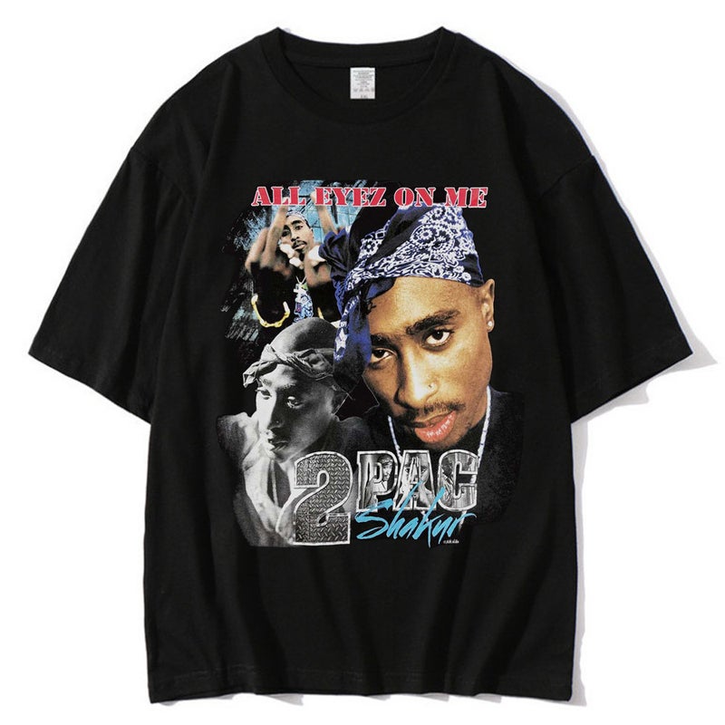 European and American style flat shoulder sleeve cotton printed T-shirt 2pac West Coast men's and women's short sleeve all eyez on me - Image 2