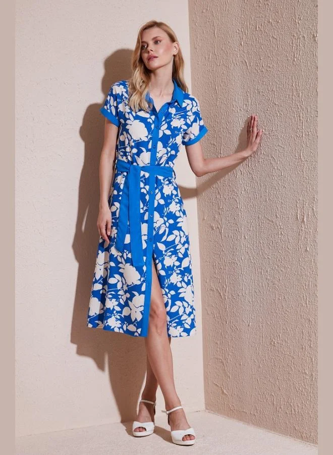 ليلا فستان قميص ميدي بحزام ليلا بقصة عادية للنساء