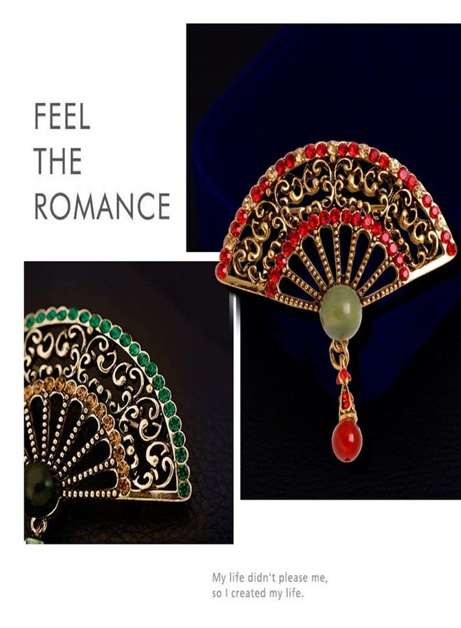 GUAFEIH Pearl Fan Brooch Chinese Fan Brooch Rhinestone Pearl Brooch for Women Lady Girl (Red) - Image 2