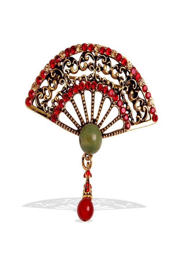 GUAFEIH Pearl Fan Brooch Chinese Fan Brooch Rhinestone Pearl Brooch for Women Lady Girl (Red) - Image 1