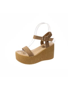 Womens Summer 2023 New Style One-Row Strap Thick Bottom High Heel Platform Beach Sandals Polyester Material Rubber Sole CAMEL
