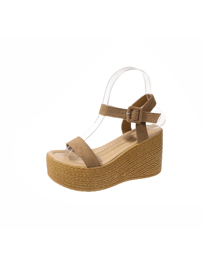 Generic - Womens Summer 2023 New Style One-Row Strap Thick Bottom High Heel Platform Beach Sandals Polyester Material Rubber Sole CAMEL - Image 1