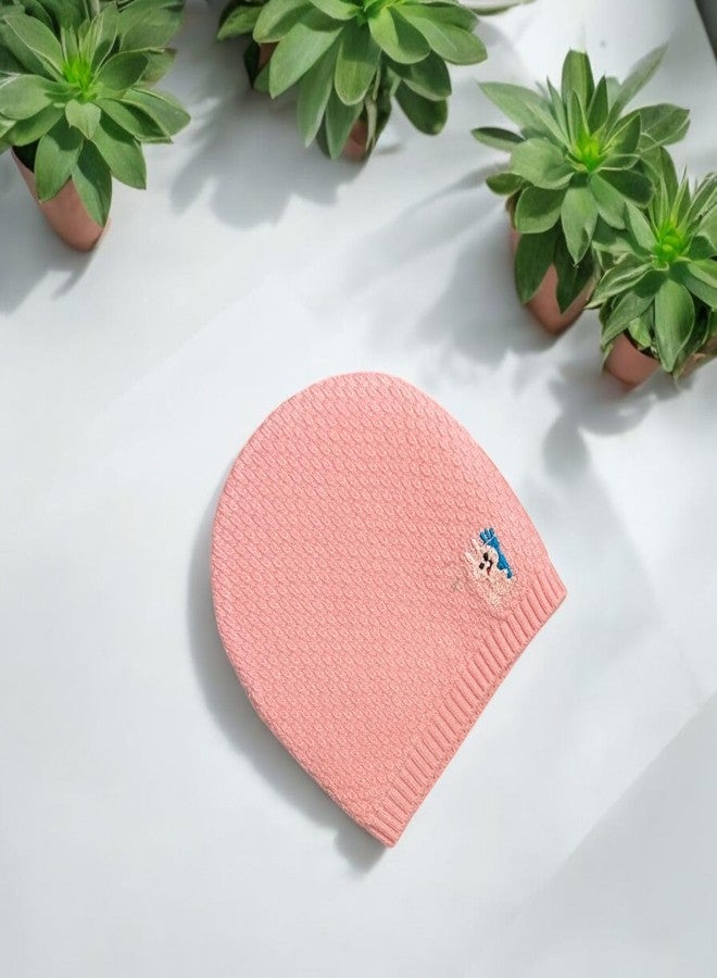 FAMWRAPZ Newborn Baby Woolen Knitted Cap - Soft & Cozy Winter Hat for 0-3 Months - Warm, Stretchable, and Breathable Beanie for Infant Boys & Girls - Ideal for Daily Use & Gifting Pink - Image 2