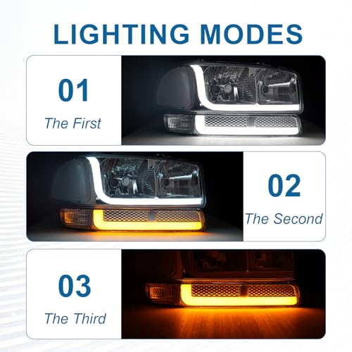 Fullux LED DRL Headlights Assembly Compatible with 1999-2007 GMC Sierra / 2000-2006 Yukon XL 1500 2500 Excluding Denali Vehicles Clear Reflector Chrome Housing - Image 2