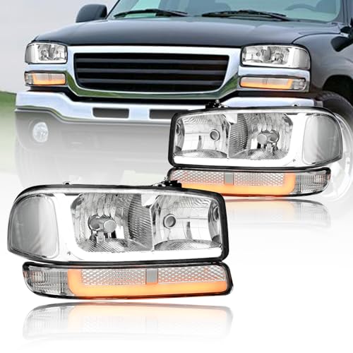 Fullux LED DRL Headlights Assembly Compatible with 1999-2007 GMC Sierra / 2000-2006 Yukon XL 1500 2500 Excluding Denali Vehicles Clear Reflector Chrome Housing - Image 1