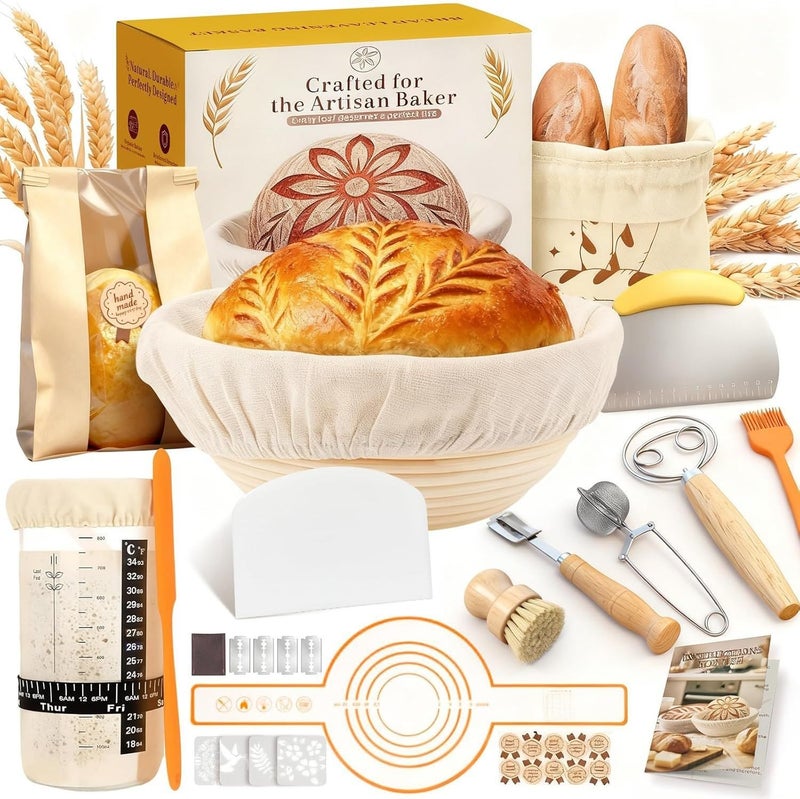 Bread Fermentation Baking Tool Set with Bread Bag, Dough Cutter, Rolling Pin, European Rattan Tools