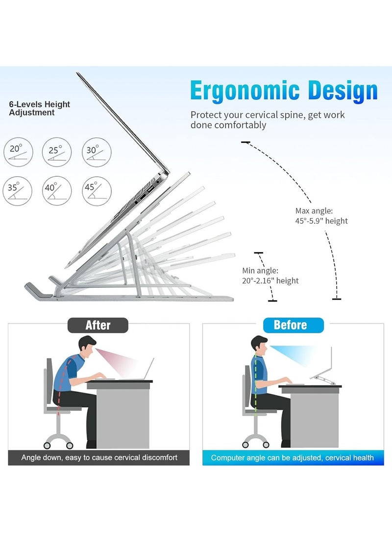 أكاليكس حامل كمبيوتر محمول قابل للطي للمكتب، رافع كمبيوتر محمول قابل للتعديل مصنوع من سبائك الألومنيوم مع وسادات سيليكون مانعة للانزلاق، حامل كمبيوتر محمول مزود بفتحات تهوية للتبريد يناسب معظم أجهزة الكمبيوتر المحمولة | فضي - Image 2