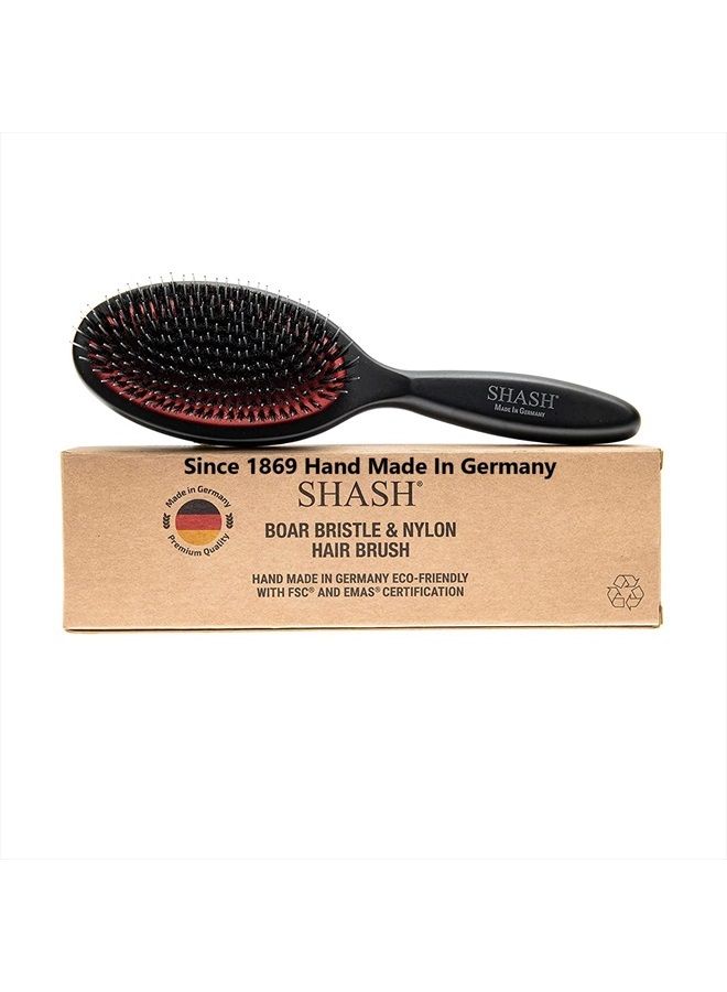 SHASH منذ 1869 صنع يدوي في ألمانيا - فرشاة شعر من شعيرات الخنزير النايلون مناسبة للشعر العادي إلى السميك - تفكك بلطف، بدون سحب أو أطراف متقصفة - تنعم وتحسن قوام الشعر، تحفز فروة الرأس (متوسطة) - Image 1