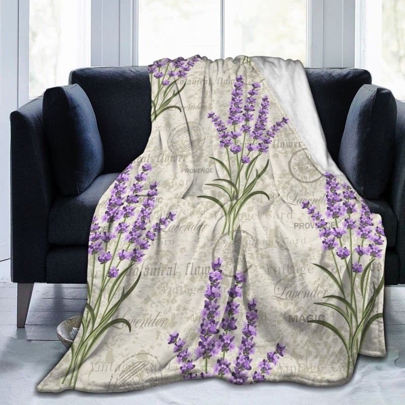 Perinsto Vintage Lavender Floral Flowers Throw Blanket Ultra Soft Warm All Season Decorative Fleece Blankets for Bed Chair Car Sofa Couch Bedroom 50X40