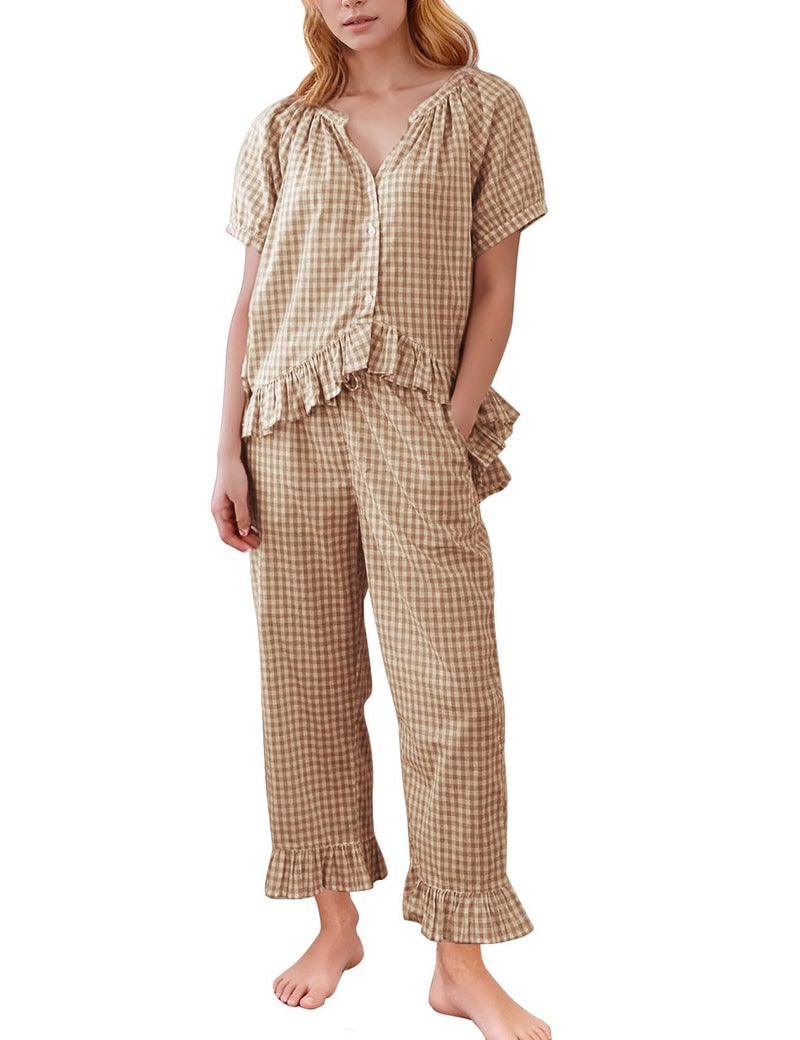 Flygo Womens Plaid 2 Piece Pajamas Sets Gingham Button Down Puff Sleeve Babydoll Shirt Ruffle Pants Y2K Pjs Lounge Set(Brown-M) - Image 1
