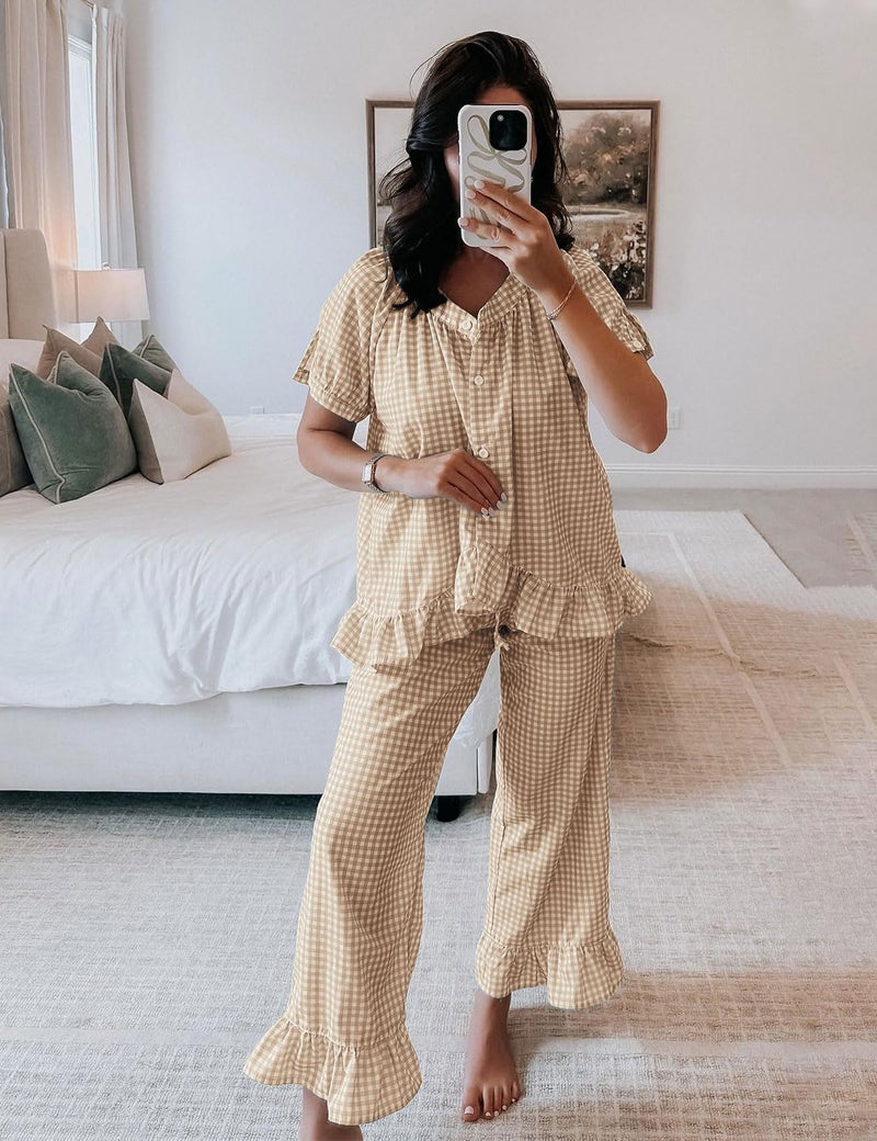 Flygo Womens Plaid 2 Piece Pajamas Sets Gingham Button Down Puff Sleeve Babydoll Shirt Ruffle Pants Y2K Pjs Lounge Set(Brown-M) - Image 3
