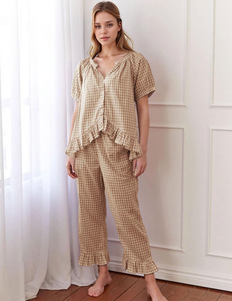 Flygo Womens Plaid 2 Piece Pajamas Sets Gingham Button Down Puff Sleeve Babydoll Shirt Ruffle Pants Y2K Pjs Lounge Set(Brown-M) - Image 2