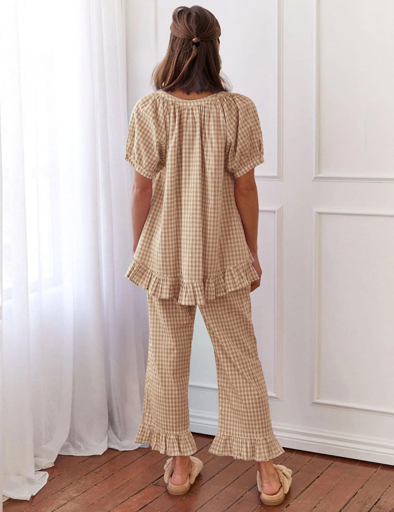 Flygo Womens Plaid 2 Piece Pajamas Sets Gingham Button Down Puff Sleeve Babydoll Shirt Ruffle Pants Y2K Pjs Lounge Set(Brown-M) - Image 5