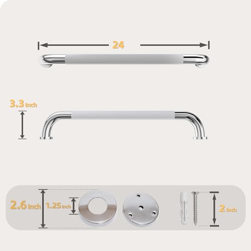 Bmoytu Shower Grab Bar 24 Inch Bathroom Grab Bar Handle with AntiSlip Knurled Grip Stainless Steel Bath Balance Bar 125 Diameter Bath Safety Bar Support for Seniors Pregnant Polished Chrome 2 Pack - Image 3