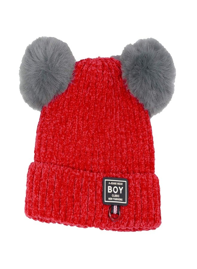 V3E Baby Boys & Baby Girl's Kid's Beanie Knit Hat Winter Twist Double Pom Pom Wool Knitted Cap with Cartoon Mouse Ears (Red) - Image 1