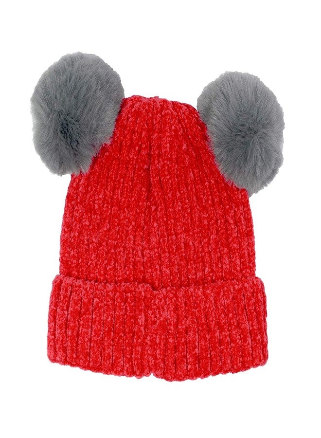 V3E Baby Boys & Baby Girl's Kid's Beanie Knit Hat Winter Twist Double Pom Pom Wool Knitted Cap with Cartoon Mouse Ears (Red) - Image 2