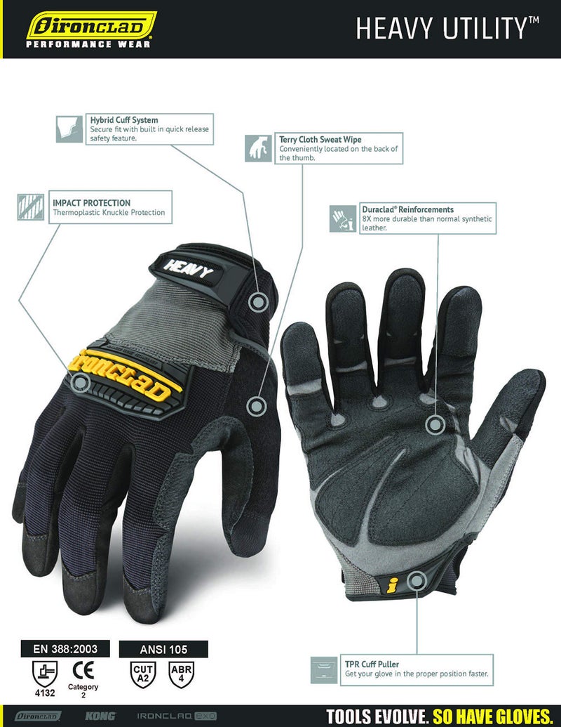 Ironclad Heavy Utility Work Gloves HUG, High Abrasion Resistance, Performance Fit, Durable, Machine Washable, (1 Pair), X-LARGE,Black & Grey - Image 5