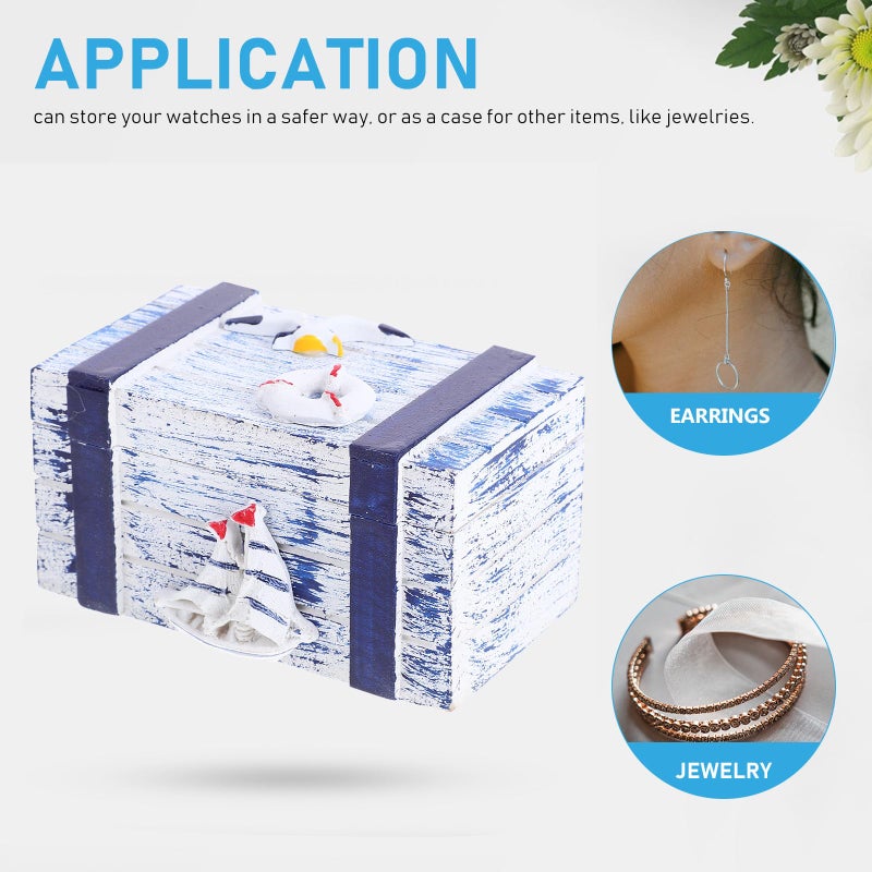 Vintage Sailboat Pattern Wooden Jewelry Box Rectangular Tabletop Storage Organizer - Image 5
