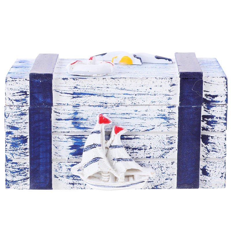 Vintage Sailboat Pattern Wooden Jewelry Box Rectangular Tabletop Storage Organizer - Image 2