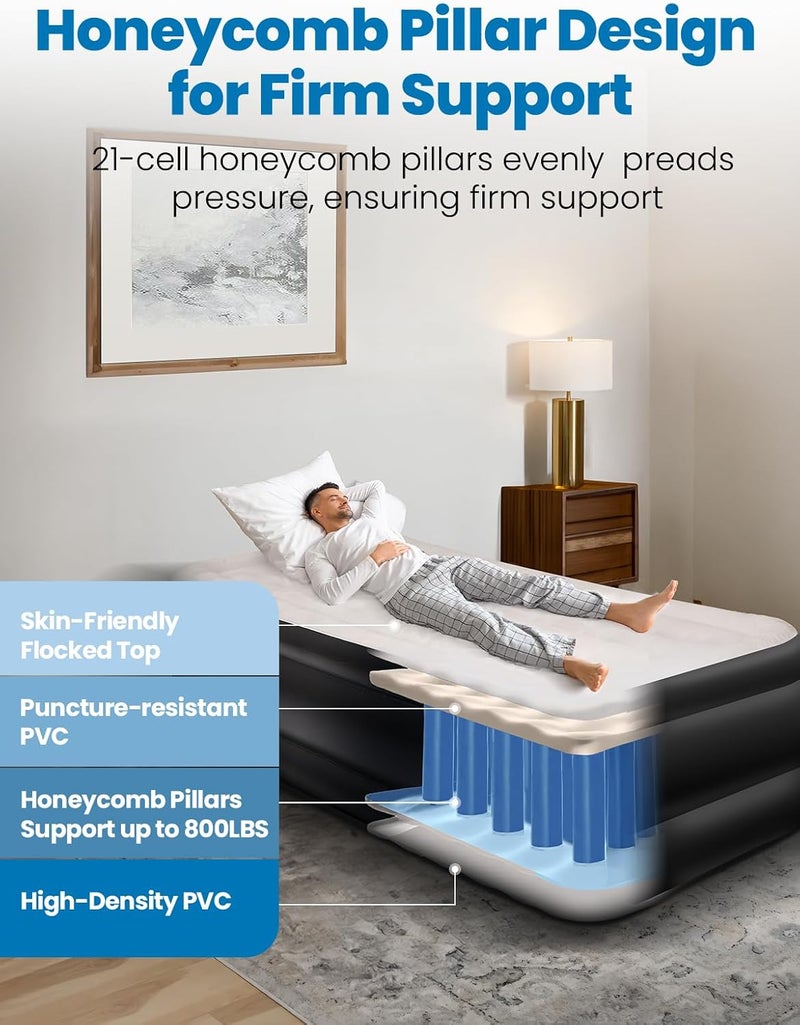CHERIMOR Twin XL Air Mattress with Built-in Pump, 18" Raised Comfort, 80“ Length, 48Hr Leak-Proof Test, Upgraded Honeycomb Pillar Design, Supports 500 lbs, 2-Min Inflation for Home, Guests & Camping - Image 5