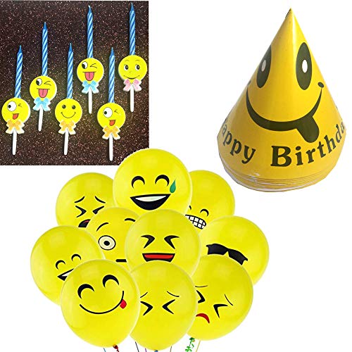Evisha 20 pcs Smiley Emoji Different Faces Big Size Yellow Balloons,6 pcs Candles,10 pcs Small Birthday caps - Image 1
