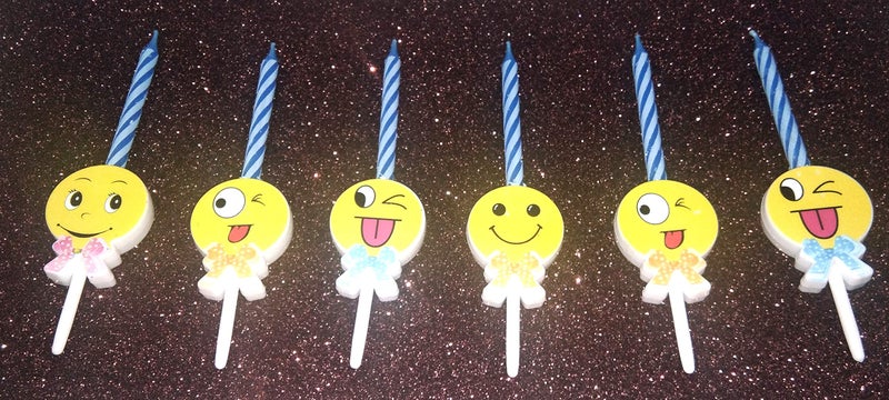 Evisha 20 pcs Smiley Emoji Different Faces Big Size Yellow Balloons,6 pcs Candles,10 pcs Small Birthday caps - Image 2