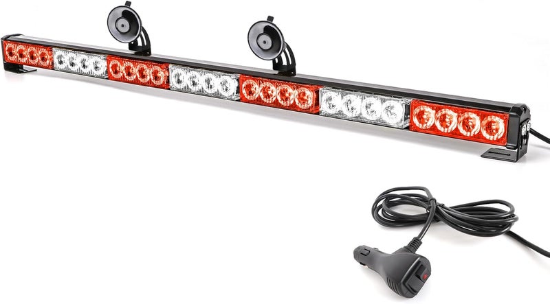 SmallfatW 32 Inch 28 LED Hazard Emergency Warning Traffic Advisor Flash Strobe Light Bar with Cigar Lighter and Suction Cups (Red/White) - Image 1