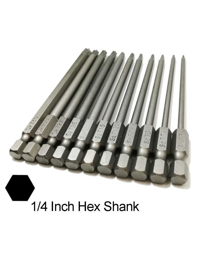 Ydlqwcz  Long Torx Security Head Screwdriver Drill Set 1 4 Inch Hex Shank T6 T7 T8 T9 T10 T15 T20 T25 T27 T30 T40 11 Pieces 4 Inch Length S2 Steel Torx Screwdriver Bit Set 11pcs Torx Head 100mm  - Image 3