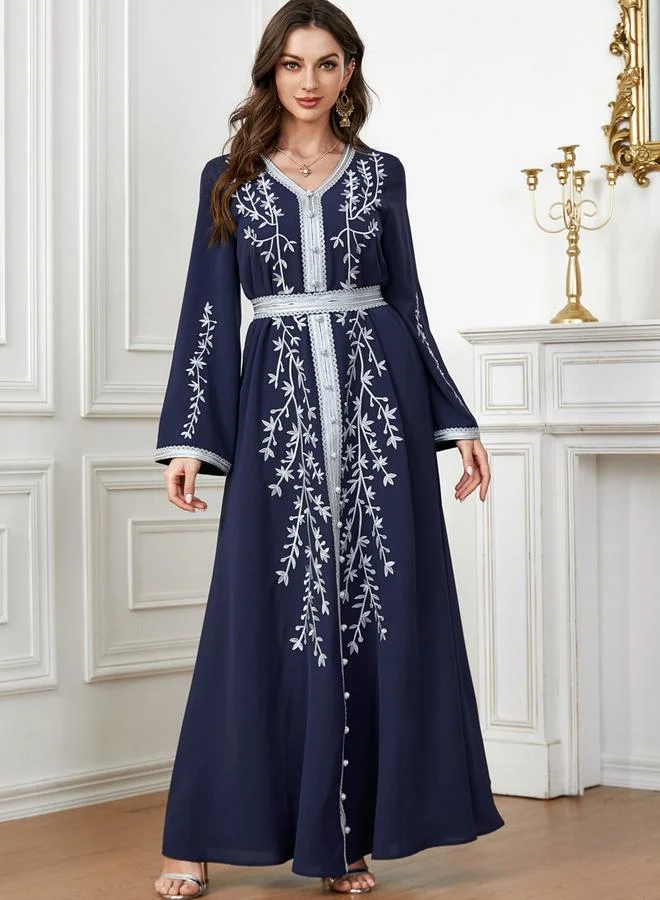 Take Two Women Navy Blue Embroidered Belted Jalabiya