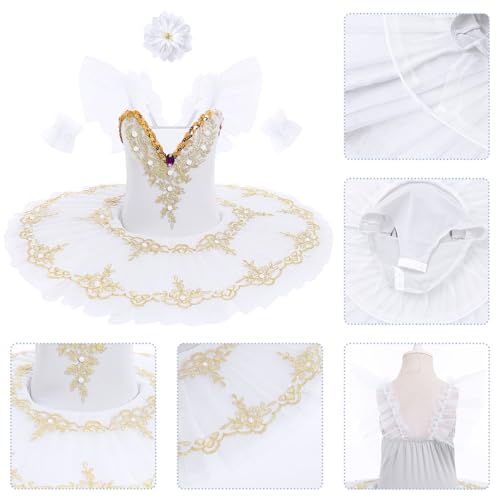 IBAKOM Ballet Leotards for Girl Gold Floral Flutter Sleeve Shiny Swan Lake Little Ballerina Platter Tutu Kid Professional Ballet Dance Pancake Dress Toddler Swan Lake Outfits White 5-6 Years - Image 3