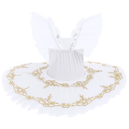 IBAKOM Ballet Leotards for Girl Gold Floral Flutter Sleeve Shiny Swan Lake Little Ballerina Platter Tutu Kid Professional Ballet Dance Pancake Dress Toddler Swan Lake Outfits White 5-6 Years - Image 2
