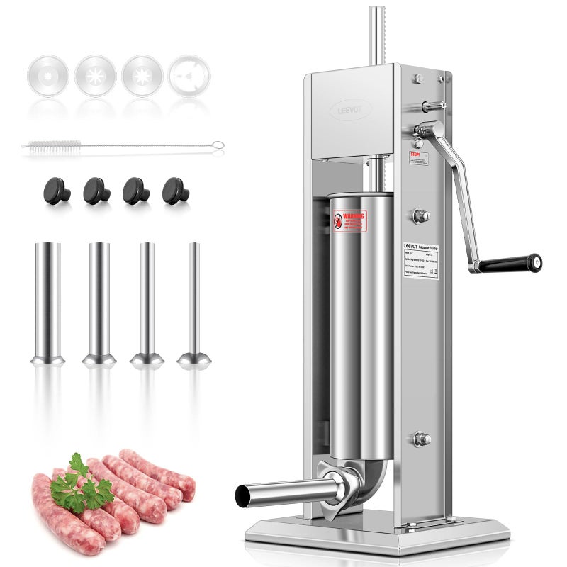 LEEVOT LEEVOT 15Lb7L Sausage Stuffers304 Stainless Steel Sausage Maker Adjustable 2 Speeds 4 Filling Tubes Silver 