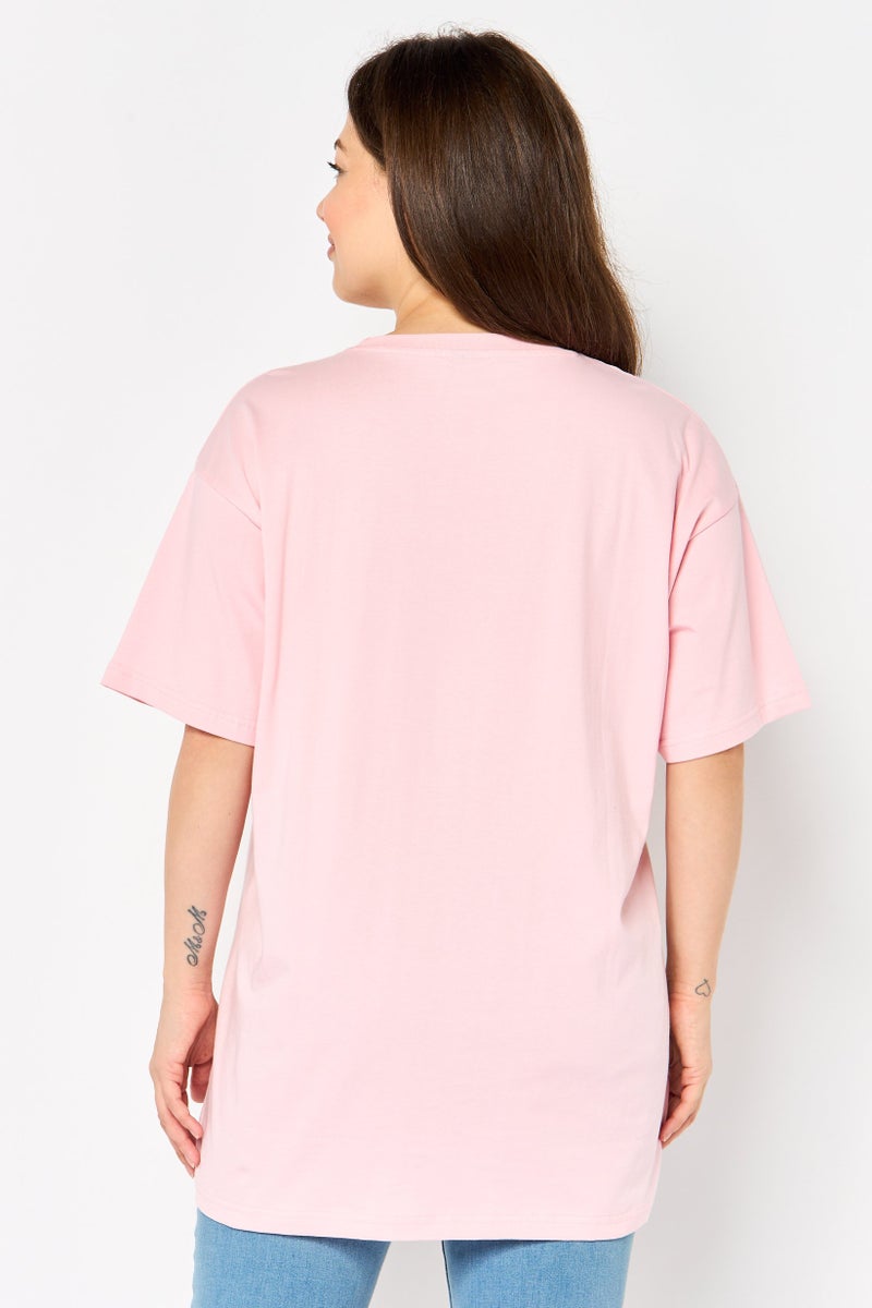 Disney تي شيرت جرافيك بطباعة مينى ماوس للنساء بأكمام قصيرة وياقة دائرية، وردي - Image 2