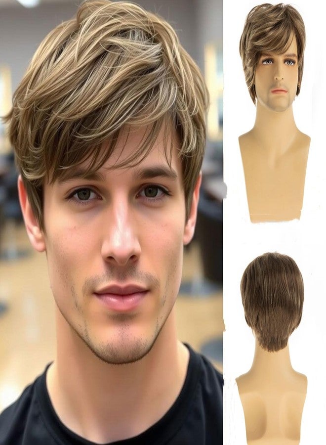 Beweig Mens Mixed Blonde Wig Short Straight Synthetic Blonde Mixed Brown Hair Wigs for Male Guy Daily Wear Anime Costume Halloween Cosplay Party - Image 1