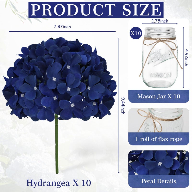 Scawim Mason Jars with Hydrangea, 10 Set Artificial Flower Vase Table Centerpieces Decor Glass Flowers Vases for Home Wedding Farmhouse Bridal Shower Graduation Boho Decorative(Royal Blue) - Image 2