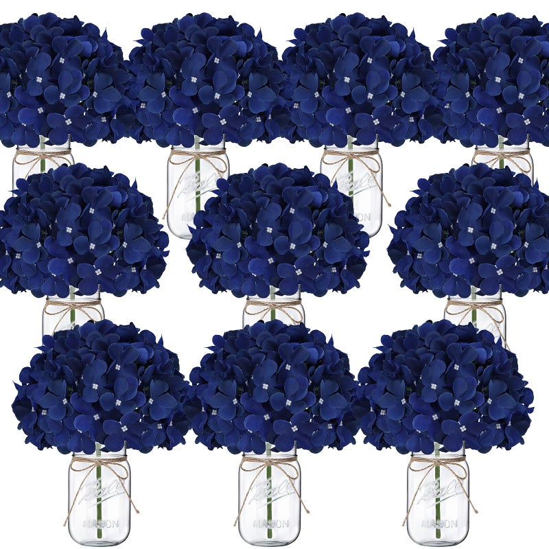 Scawim Mason Jars with Hydrangea, 10 Set Artificial Flower Vase Table Centerpieces Decor Glass Flowers Vases for Home Wedding Farmhouse Bridal Shower Graduation Boho Decorative(Royal Blue) - Image 1